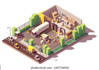 Vector isometric low poly warehouse cross-section. Includes trucks, crates and pallets, loading docks, building interior, pallet racking systems, stacks of cardboard boxes, forklift, security camera