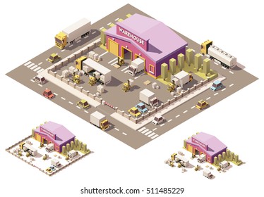 Vector isometric low poly warehouse building with trucks and forklifts