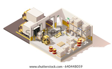 Vector isometric low poly warehouse cross-section