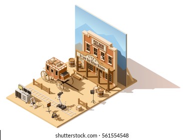 Vector isometric low poly wild west movie set. Includes camera on dolly, lighting and other movie shooting process equipment