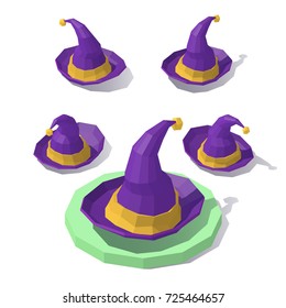 Vector isometric low poly Witch hat. Halloween attributes. Witch hat from different angles.