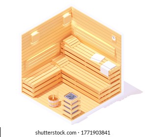 Vector isometric low poly wooden sauna interior. Traditional Finnish sauna steam room. Towels, wooden walls, benches, bucket and hot stones