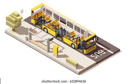 Vector isometric low poly yellow bus near the bus stop