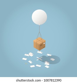 Vector isometric mail delivery concept illustration. Cardboard box are delivered by flying balloon to its destination - cross on the floor with envelopes all around.