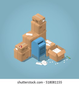 Vector isometric mail delivery concept illustration. Stacks of parcel boxes of different sizes, letters, mail office box, open box, adhesive tape and paper knife.