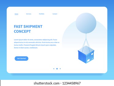Vector isometric mail delivery illustration. Cardboard box are delivered by flying balloon. Landing page concept
