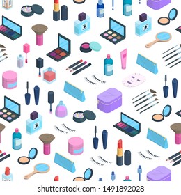 Vector isometric makeup elements pattern. 3d dimension cosmetics and skincare background. Eyeshadow, blush palette, powder, cushion foundation cosmetics objects texture for app, website, ad design