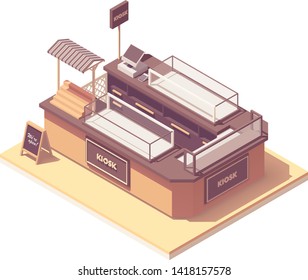 Vector isometric mall retail kiosk or retail merchandising unit. Showcases, cash register, credit card payment terminal