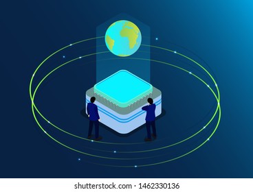 vector isometric of man look the globe