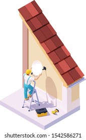 Vector Isometric Man On Ladder Installing Satellite Dish On The Building Wall. Technician Holding Tv Antenna, Adjusting Or Fitting