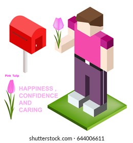 vector isometric man with pink tulip in hand