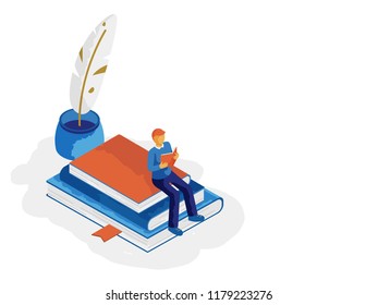 Vector Isometric Man Is Reading Book