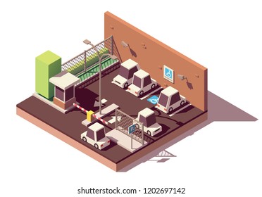 Vector isometric manned and guarded secure car parking with CCTV surveillance, guard booth, barrier and marked car parking spaces