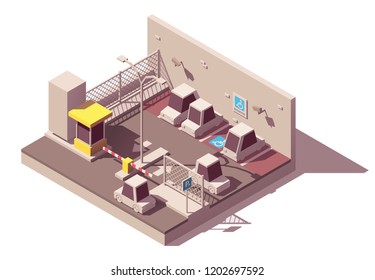 Vector isometric manned and guarded secure car parking with CCTV surveillance, guard booth, barrier and marked car parking spaces