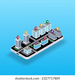 Vector isometric maps and navigation online mobile application concept.