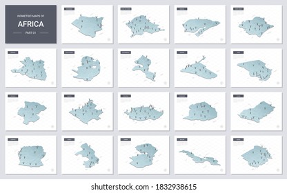 Vector isometric maps set - Africa continent.  Maps of African countries with administrative division and cities. Part 1.