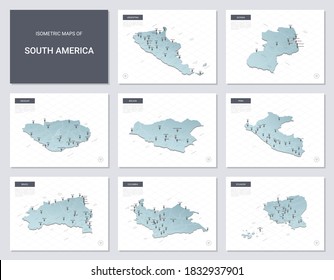Mapas isométricos vectoriales establecidos - continente americano.  Mapas de países sudamericanos con división administrativa y ciudades.