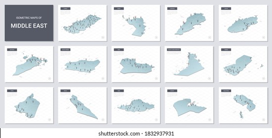 Vector isometric maps set - Middle East  region.  Maps of  Middle East  countries with administrative division and cities. 
