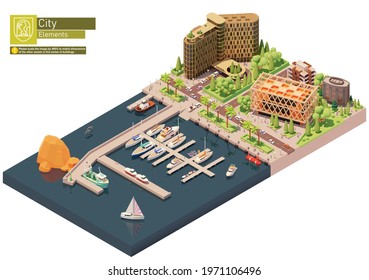 Vector isometric marina, sailboats and yacht harbor. City street, buildings and seaport. Docked or moored yachts, boats and speedboats near hotel building