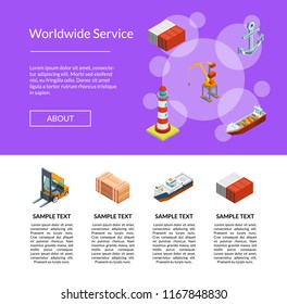 Vector isometric marine logistics and seaport landing page template illustration