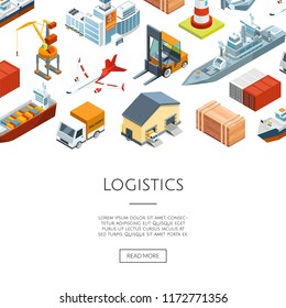 Vector isometric marine logistics and seaport background with place for text illustration