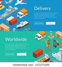 Vector isometric marine logistics and seaport web banner and postert templates illustration