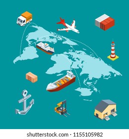 Vector isometric marine logistics and worldwide shipping on world map with pins concept illustration. Transportation logistic network world, shipping visualization