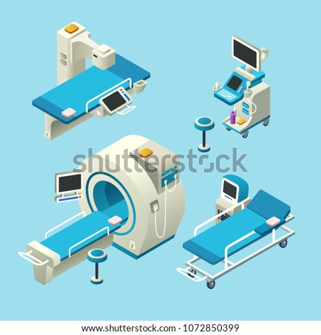 Vector isometric medical diagnostic equipment set. 3d illustration computer tomography ct, magnetic resonance imaging, mri scanning, ultrasound machine, x-ray machine radiology scan, hospital gurney