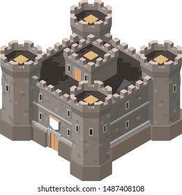 Vector isometric medieval cartoon castle. Game design fortress concept.