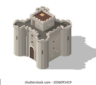 Vector  isometric medieval cartoon low poly castle. 