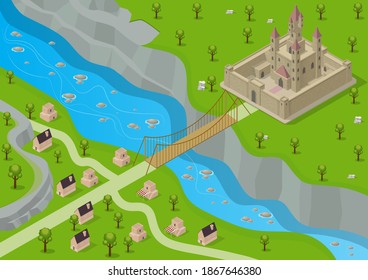 Vector isometric medieval castle surrounded by a fortress with a river, bridge and a village across from it.