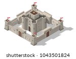 Vector isometric medieval castle with walls, gates and towers. Concept of game fortress.