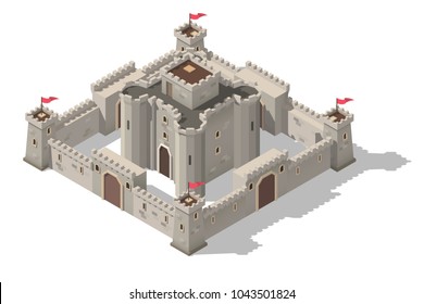 Vector isometric medieval castle with walls, gates and towers. Concept of game fortress.