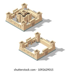 Vector isometric medieval castle with walls, gates and towers. Concept of game fortress.