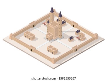 Vector isometric medieval castle with walls, gates and towers.