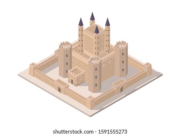 Vector isometric medieval castle with walls, gates and towers.