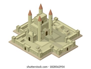 Vector isometric medieval castle with walls, gates and towers.