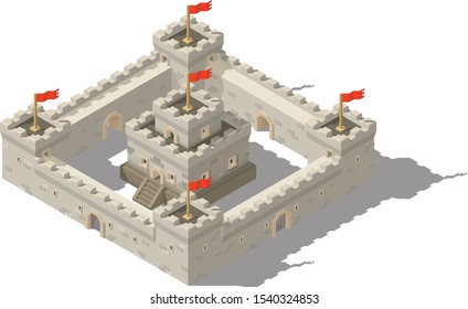 Vector isometric medieval fantasy castle. Game design citadel concept.