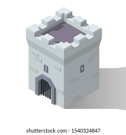 Vector isometric medieval low poly castle tower. Game design fantasy citadel concept.