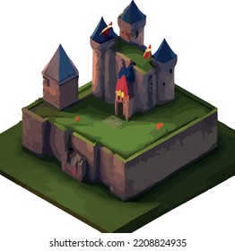 Vector isometric medieval low poly castle. 