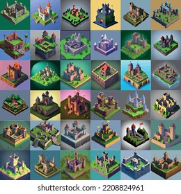 Vector isometric medieval low poly castle. Set