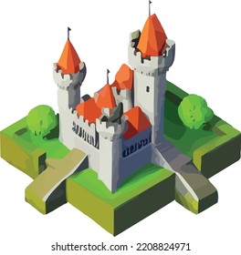 Vector isometric medieval low poly castle. 