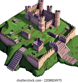 Vector isometric medieval low poly castle. 