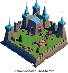 Castillo vectorial isométrico medieval de polos bajo. 
