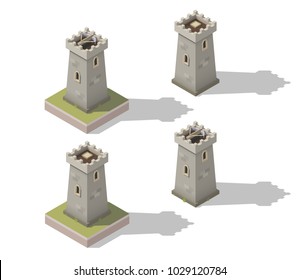 Vector isometric medieval towers. Cartoon game design castle towers set.