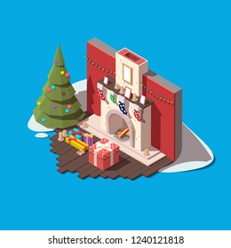 Vector isometric Merry Christmas or Happy New Year holidays icon. Part of the room with fireplace, Christmas tree, gift boxes and other Christmas items illustration.