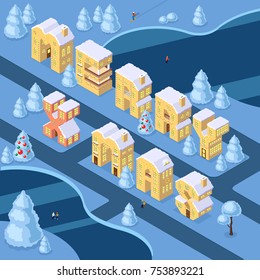 Vector isometric merry christmas lettering houses. Isometric christmas country landskape merry christmas lettering merry x mas vector isometric houses letters isometric lettering landskape with fir 