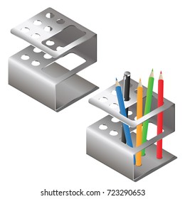 Vector isometric metal penholder empty and with pen and color pencils.