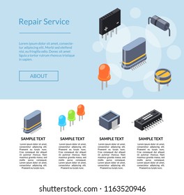 Vector isometric microchips and electronic parts icons landing page template illustration
