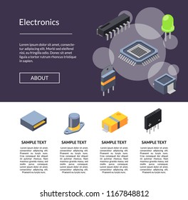 Vector isometric microchips and electronic parts icons landing page template illustration